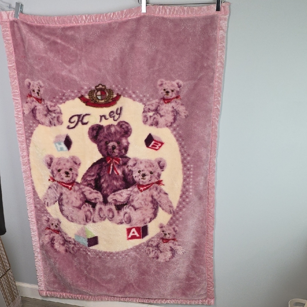 Vintage Plush Soft Reversible Pink Teddy Bear Blanket Nursery Baby Girl KY